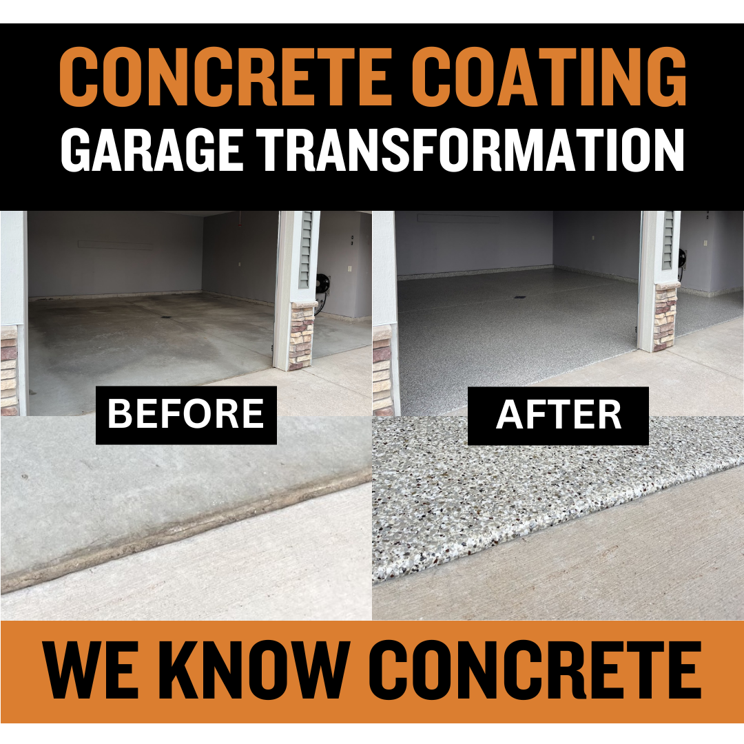 Before and after garage floor coating transformation showing worn concrete and finished coated floor