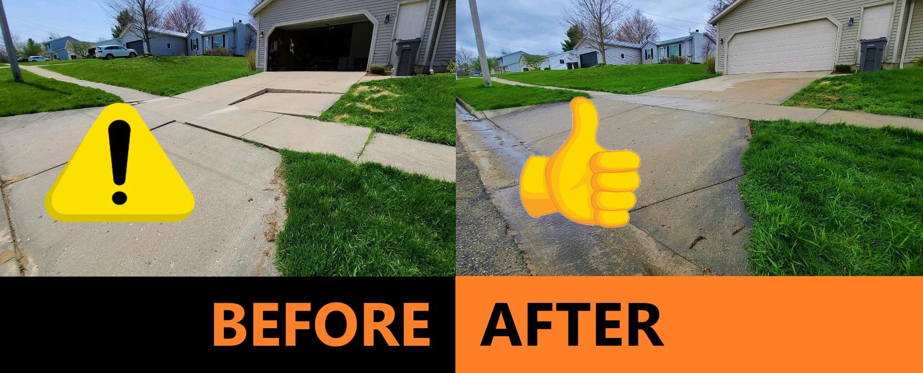 Before and after comparison of a sunken sidewalk repaired to create a safer, level walkway